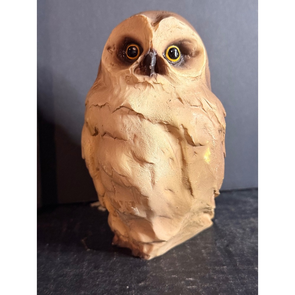Ken Renwick Signed Owl Figurine Textured Resin Stone Sculpture Brown 5.5 inch